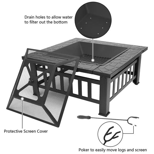 32 Inch Wood Burning Metal Fire Pit with Spark Screen and Poker J8483