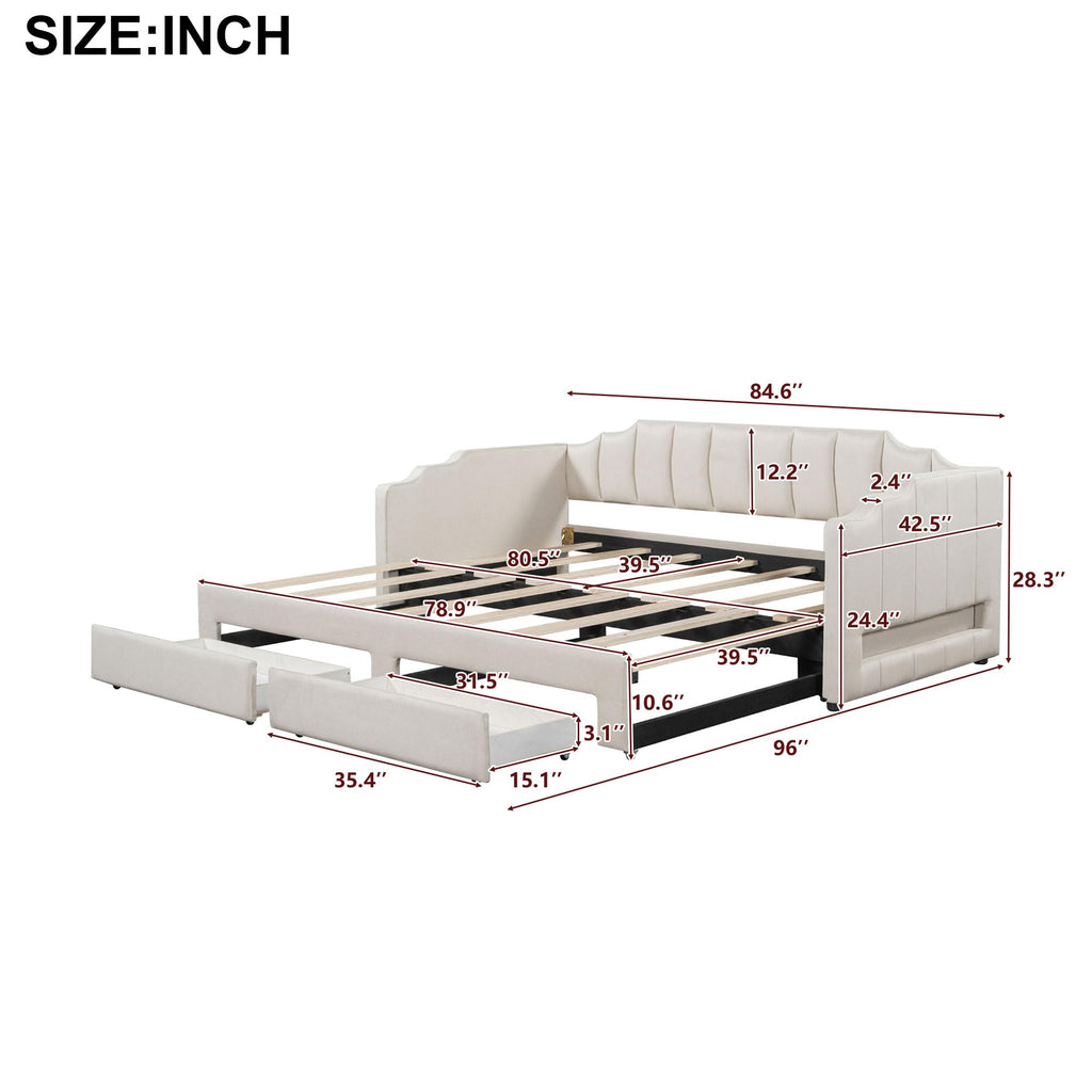 Twin XL Upholstered Daybed with Trundle and 2 Drawers W99583