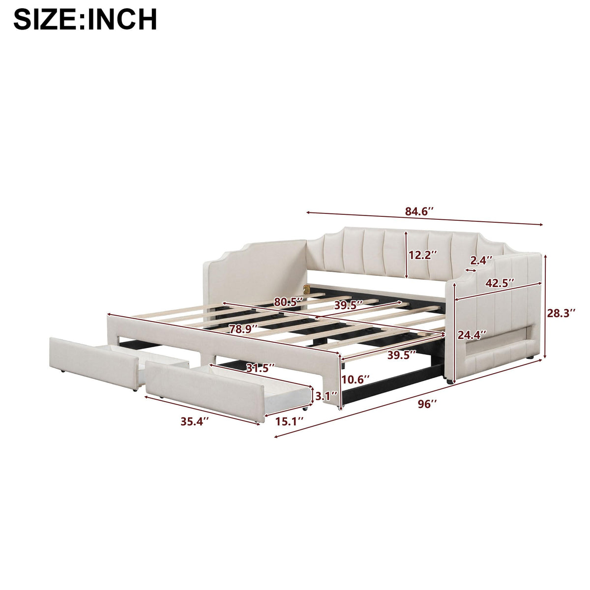 Twin XL Upholstered Daybed with Trundle and 2 Drawers W99583