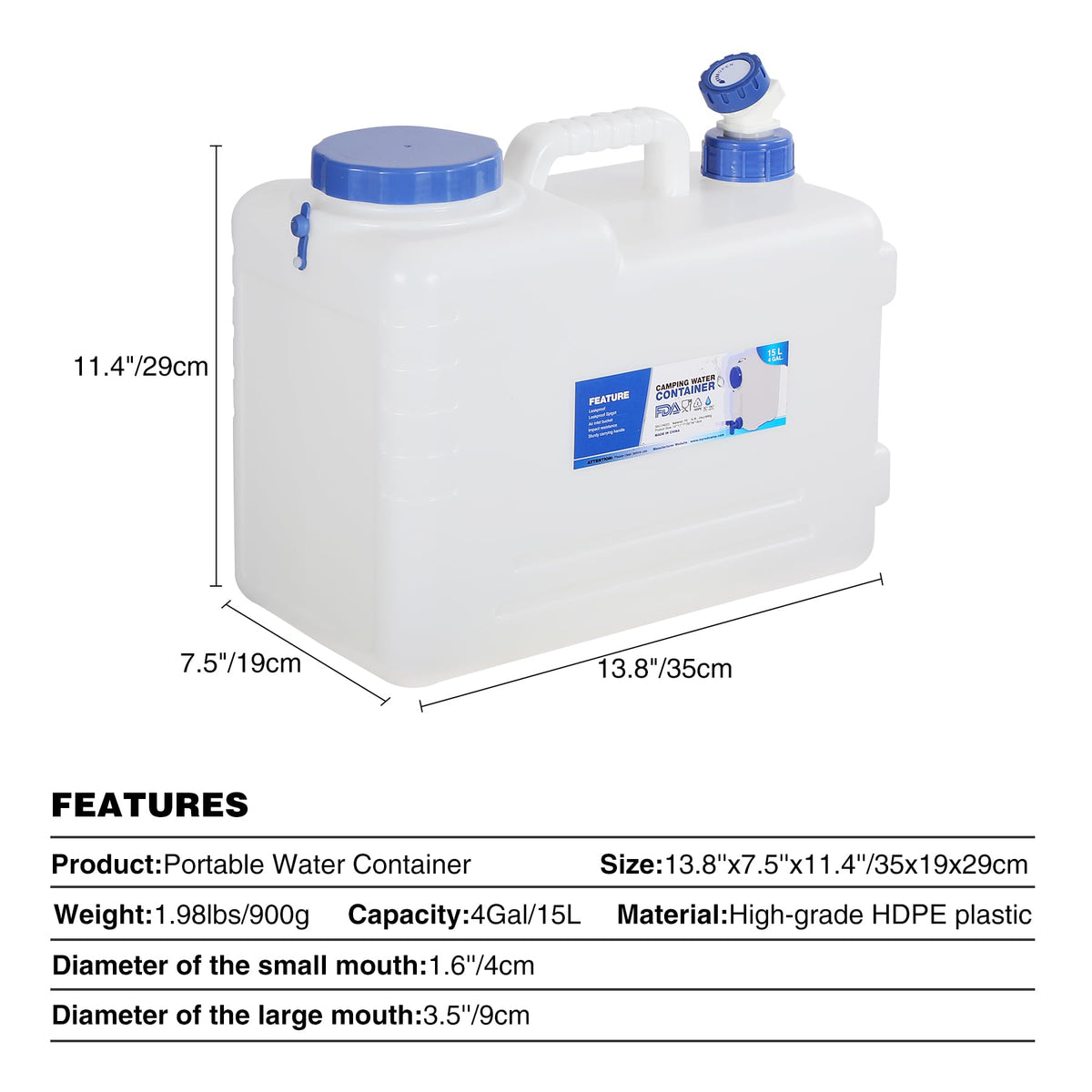 4 Gallon Portable Water Container with Spigot H8371