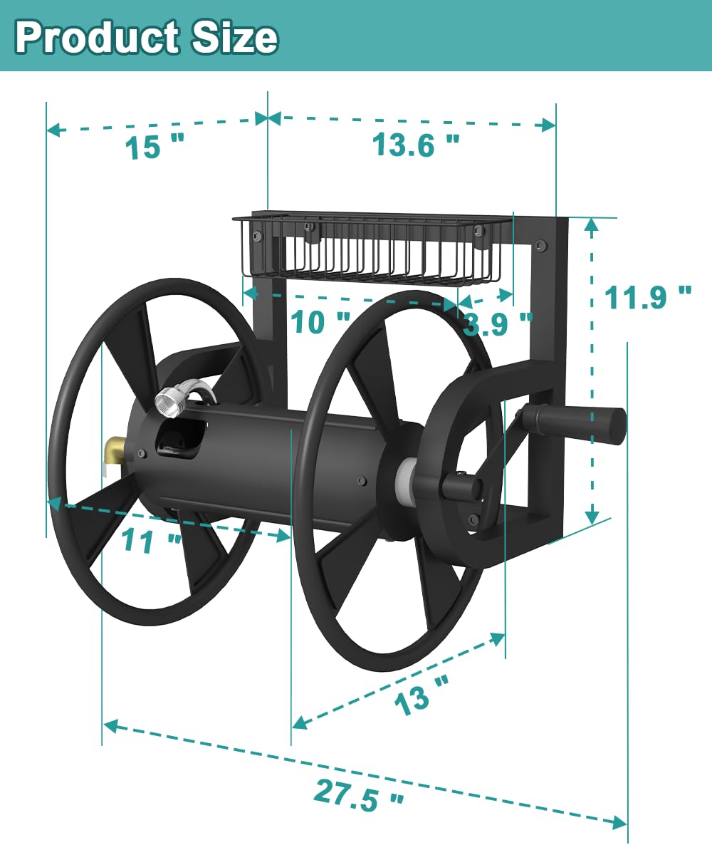 Wall Mounted Hose Reel, Holds 125 Feet of 5/8-Inch Hose, Black E626