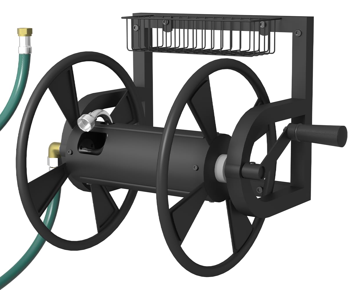 Wall Mounted Hose Reel, Holds 125 Feet of 5/8-Inch Hose, Black E626
