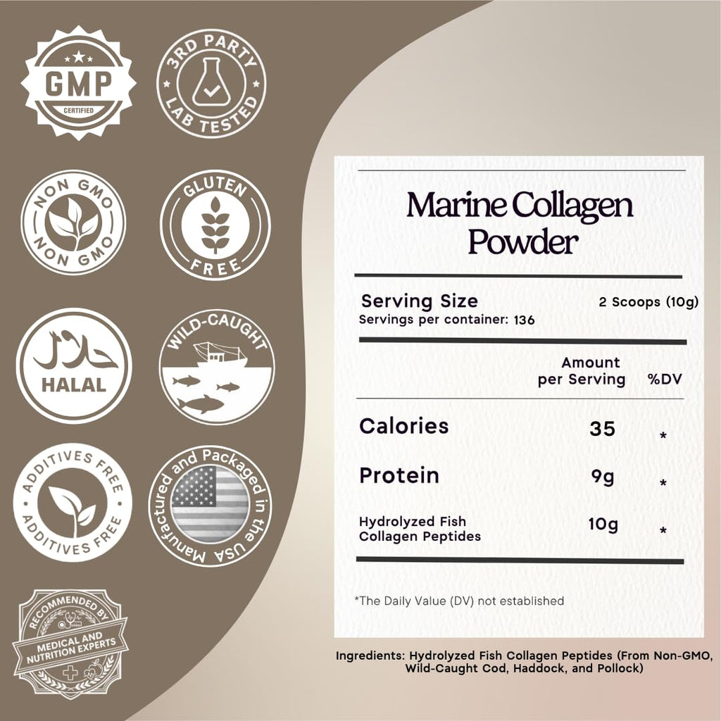 Marine Collagen Peptides Powder 3 lb. Wild-Caught Fish, Non-GMO. Hydrolyzed Types I, II, III & IV Protein. E95268