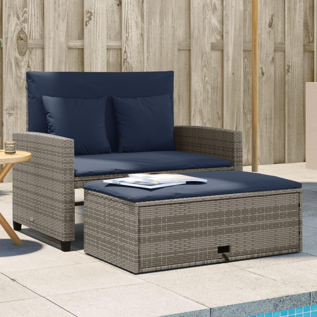 Grey Navy Blue PE Rattan Convertible Sofa Bed with Storage Footstool B147639