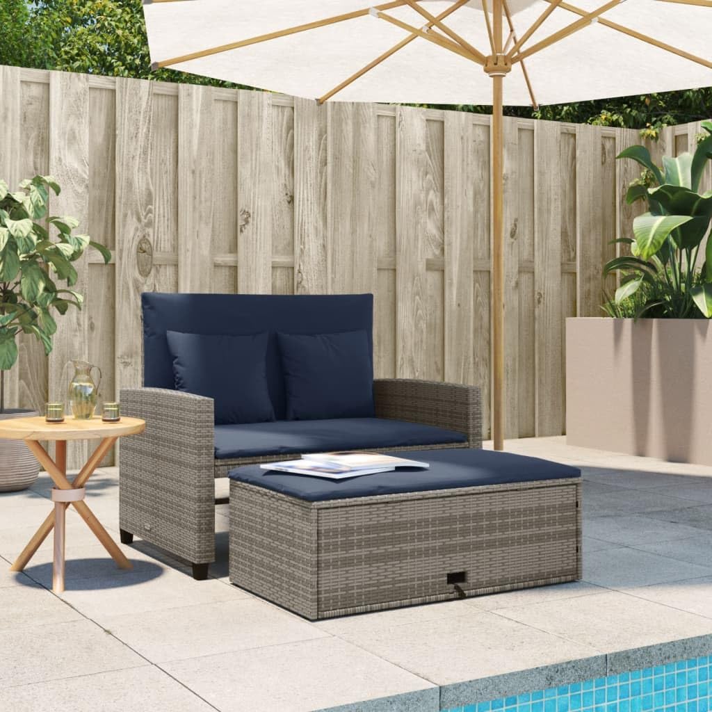 Grey Navy Blue PE Rattan Convertible Sofa Bed with Storage Footstool B147639