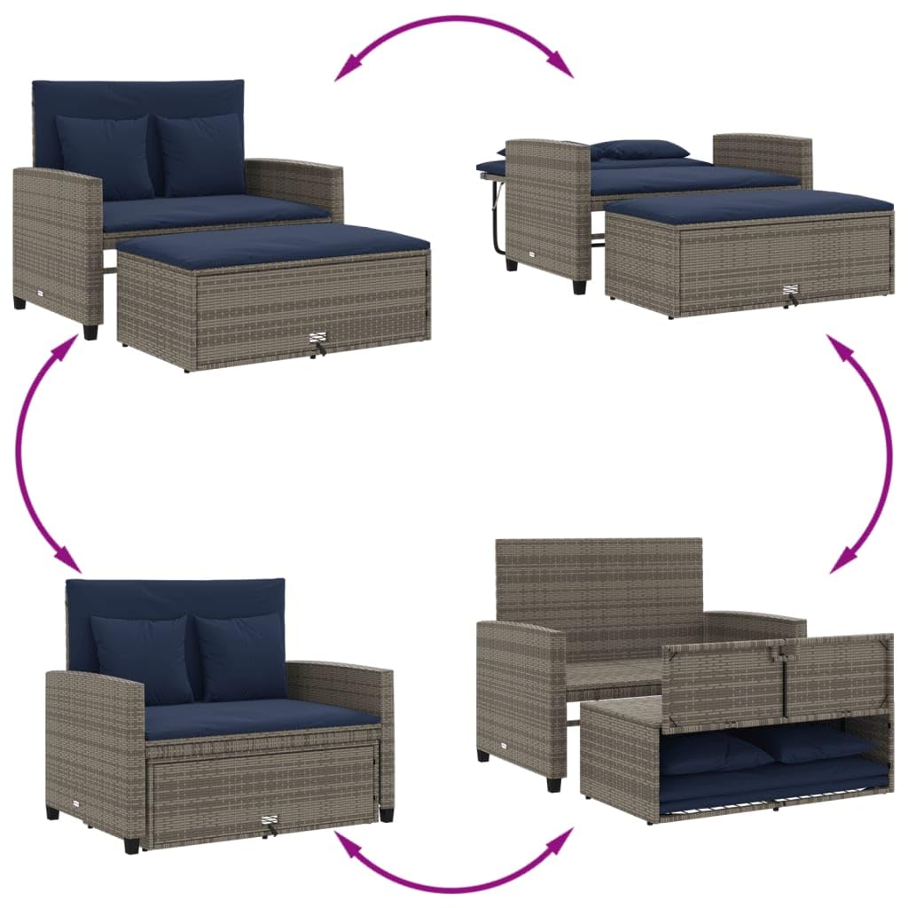 Grey Navy Blue PE Rattan Convertible Sofa Bed with Storage Footstool B147639