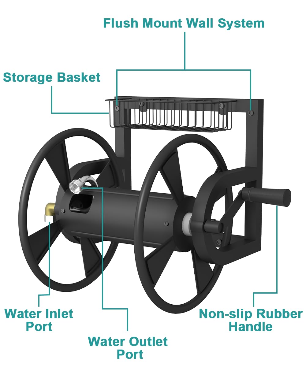Wall Mounted Hose Reel, Holds 125 Feet of 5/8-Inch Hose, Black E626