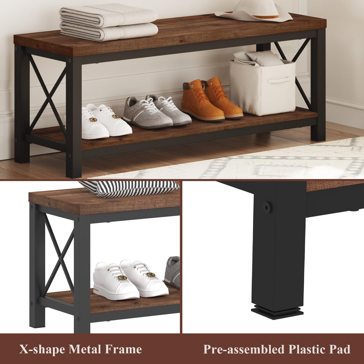 2 Tier Wood Metal Storage Bench D1601