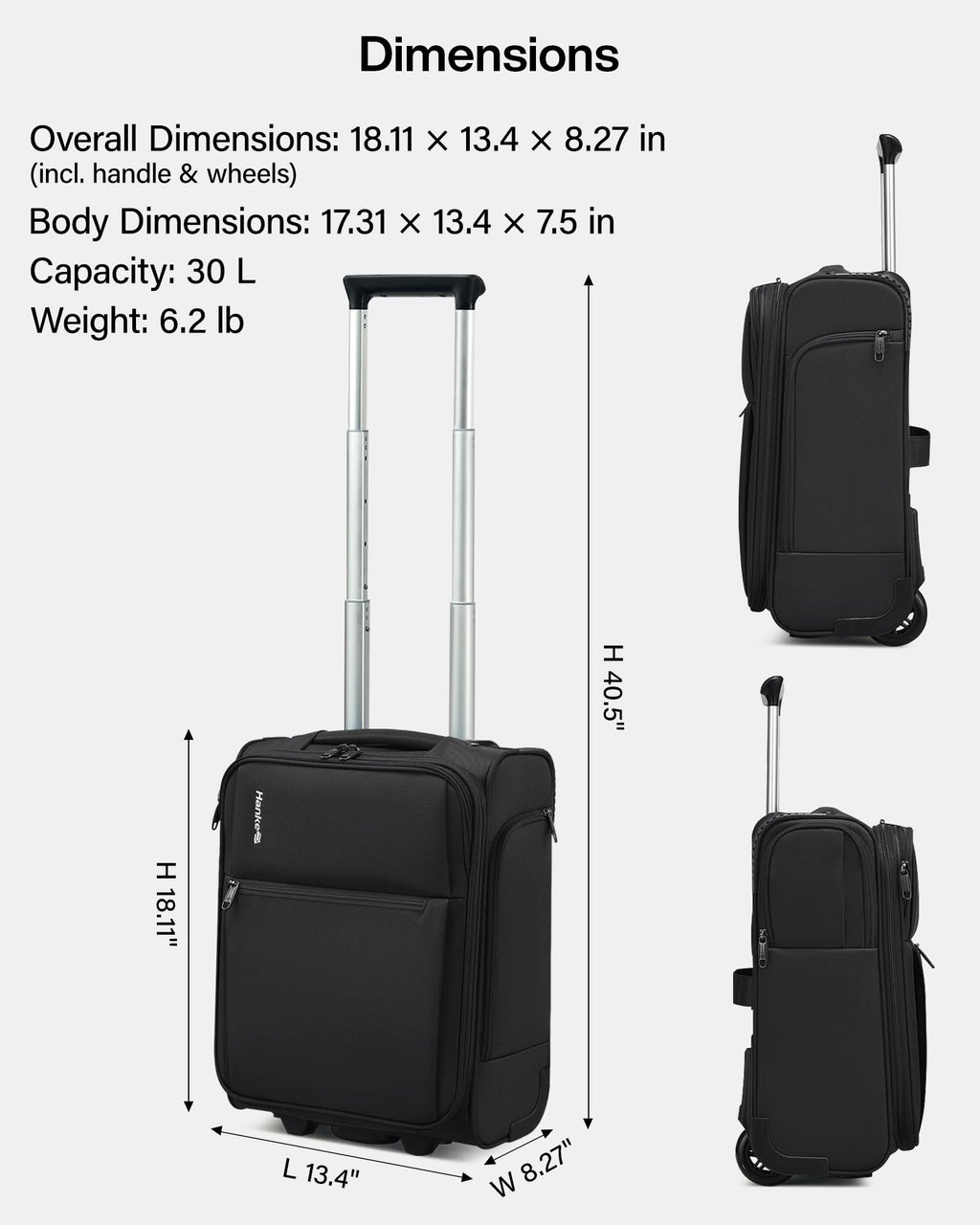 17 Inch Black Underseat Carry On Luggage with Wheels P842607