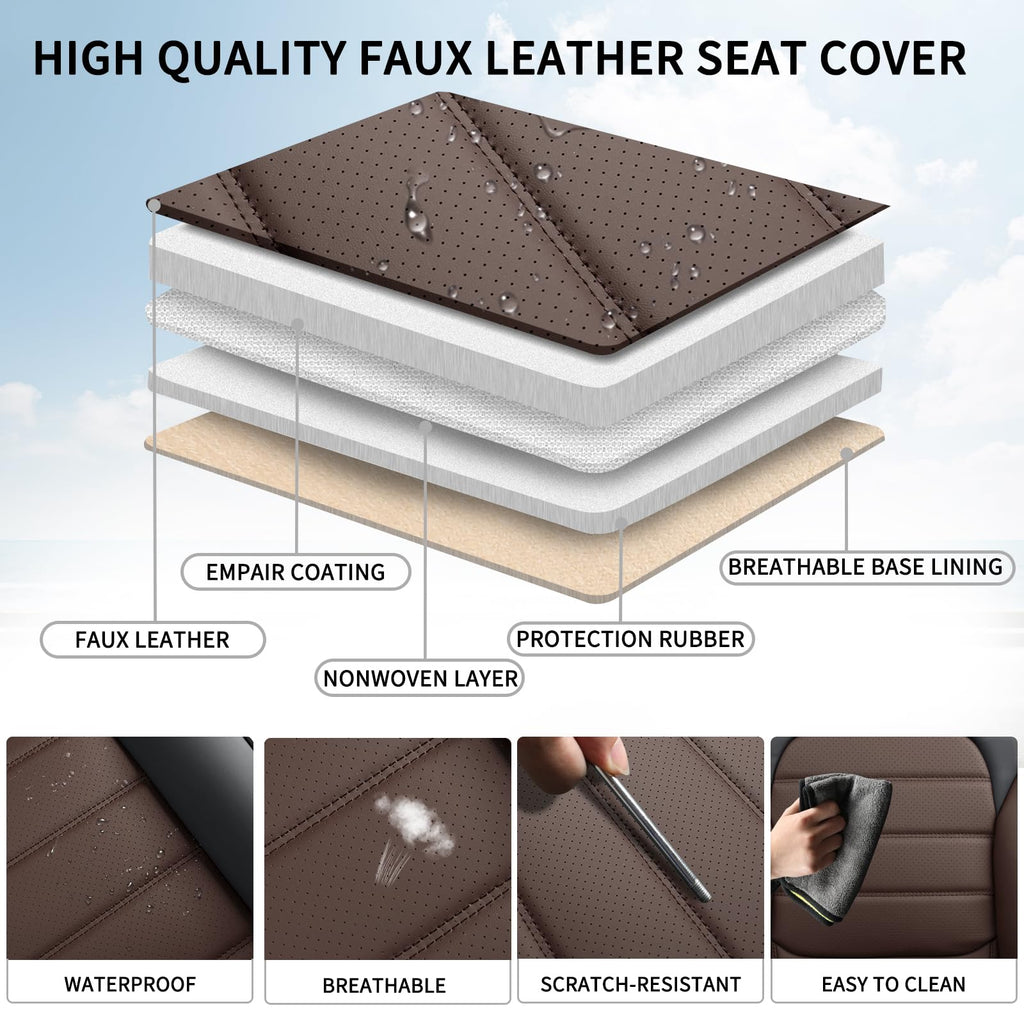 Brown Faux Leather Car Seat Covers Full Set W3535
