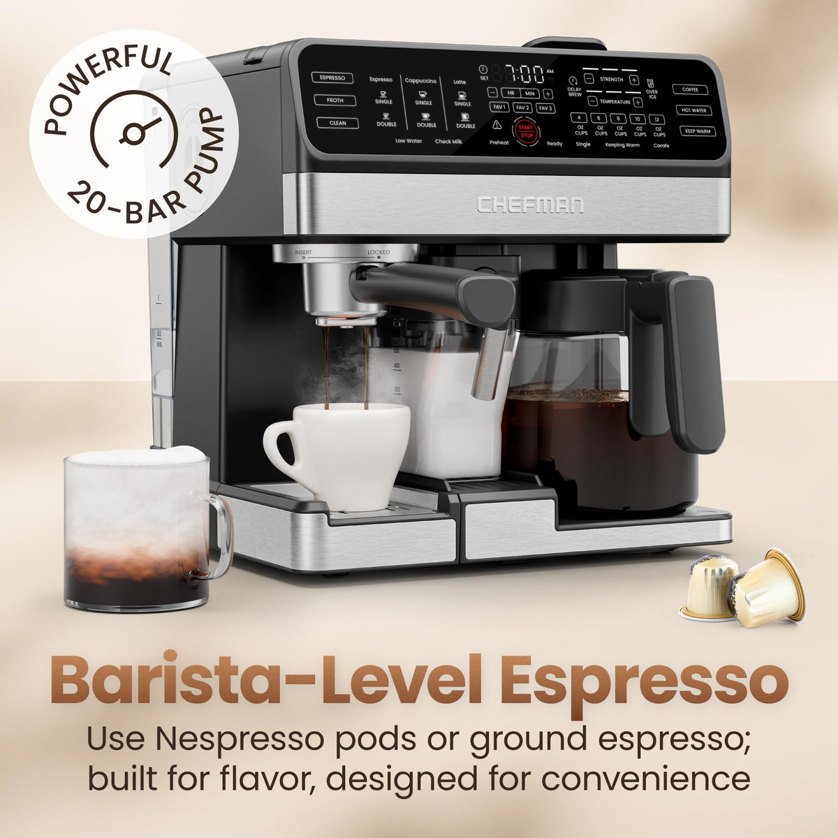 8-in-1 Espresso Machine with Milk Frother, 12-Cup Carafe, Black C1284