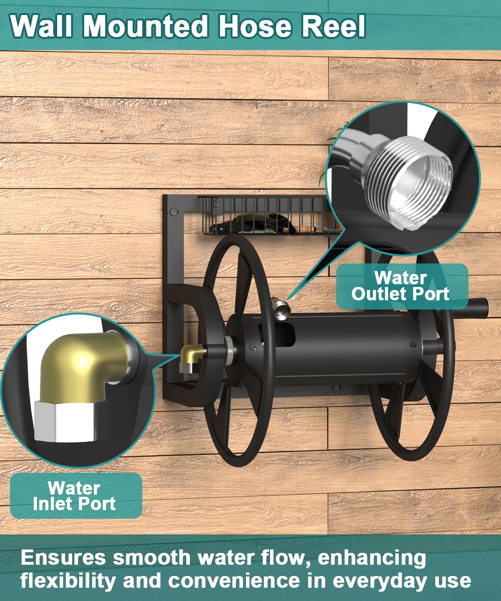 Wall Mounted Hose Reel, Holds 125 Feet of 5/8-Inch Hose, Black E626