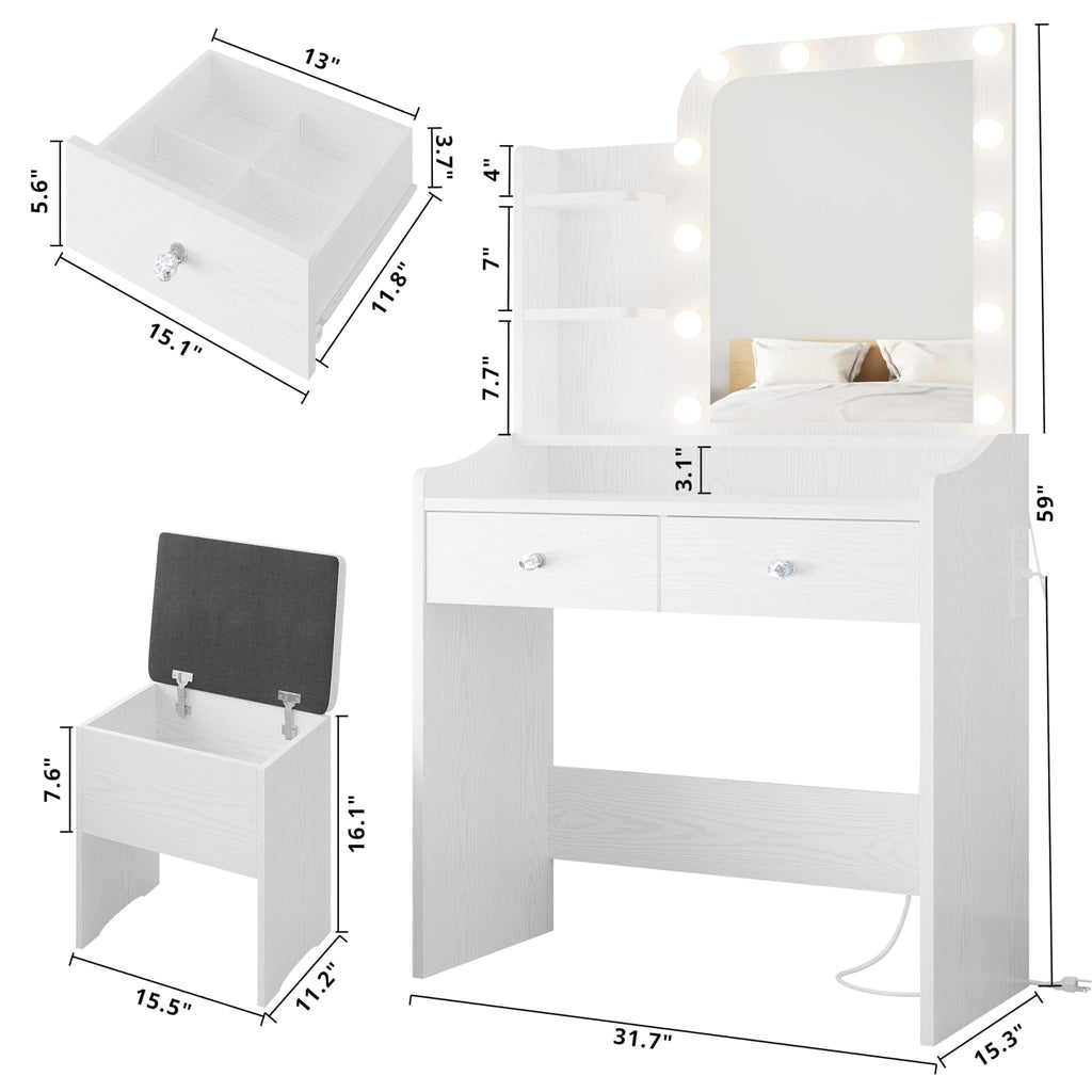 White Vanity Desk with Mirror Lights and Storage Stool C118596