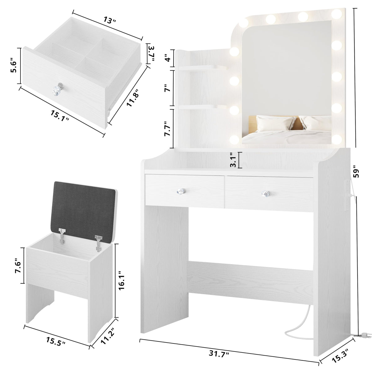 White Vanity Desk with Mirror Lights and Storage Stool C118596