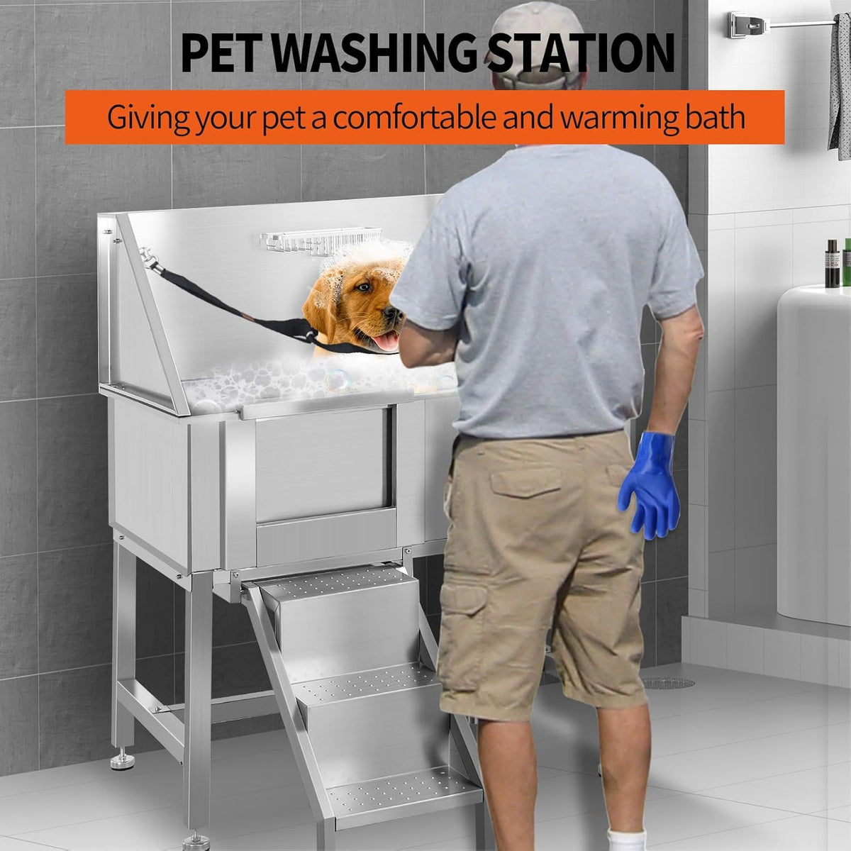 38" Stainless Steel Dog Grooming Tub with Stairs R779410