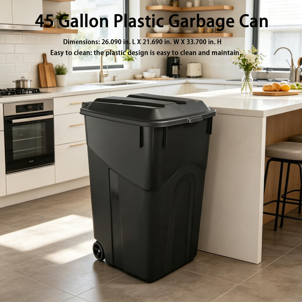 Black 45 Gallon Wheeled Plastic Garbage Can with Lid G94568