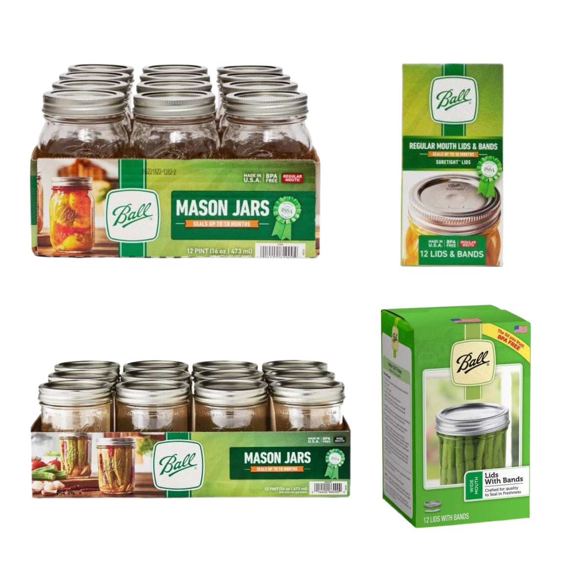 Glass Mason Jars, Pint Size 16 Ounce, Wide Mouth and Regular Mouth with Lids & Bands H819
