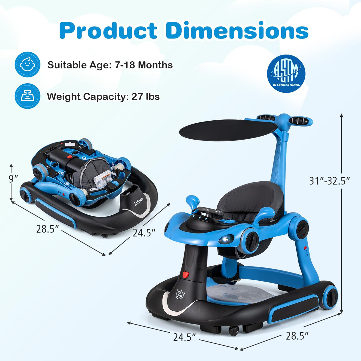 Foldable Adjustable Baby Walker with Wheels F5909