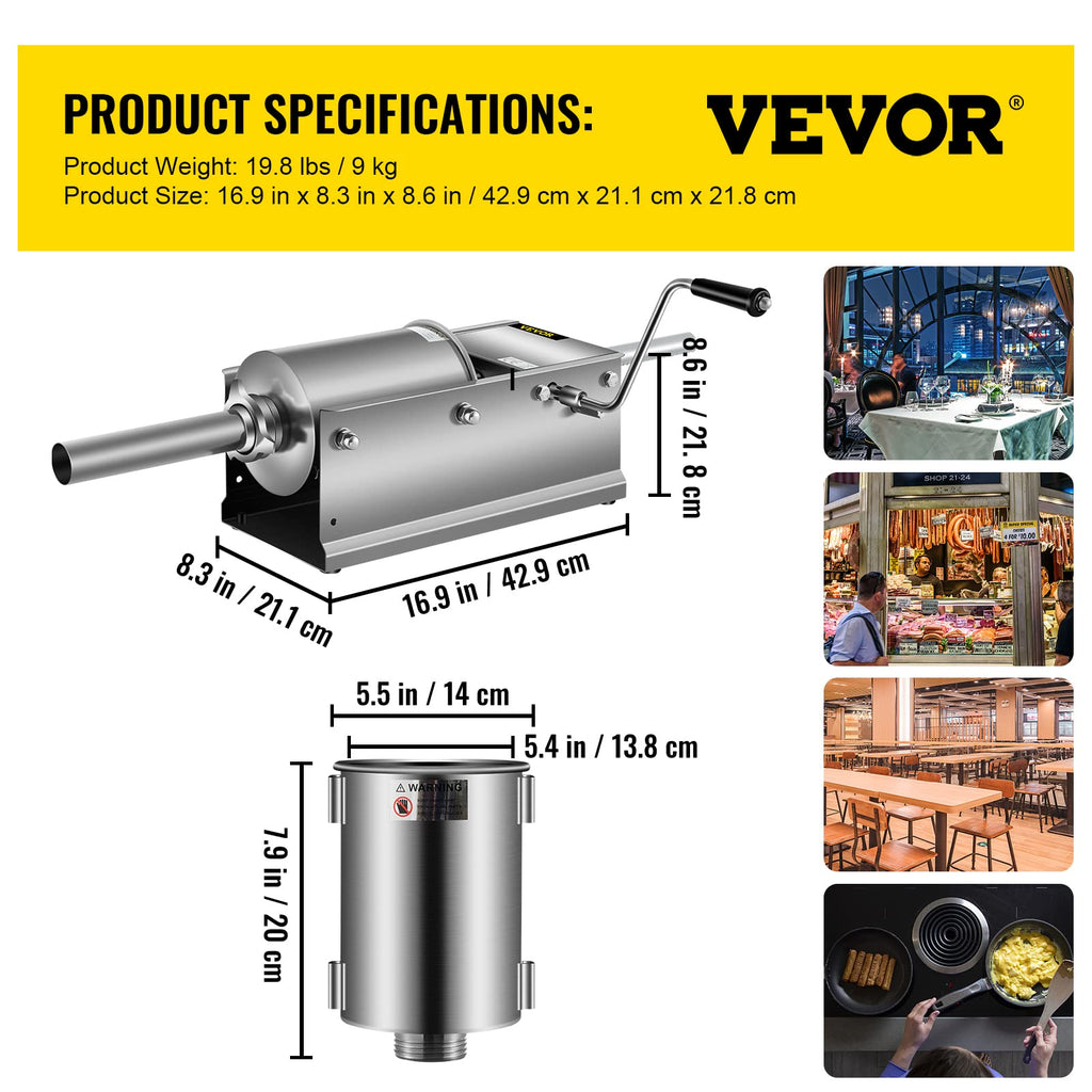 3L Manual Stainless Steel Sausage Stuffer with 5 Filling Nozzles B3295