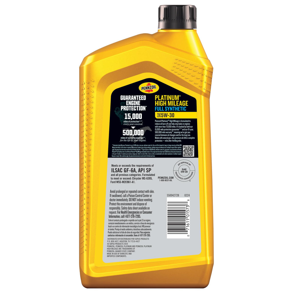 5W-30 Full Synthetic High Mileage Motor Oil, 1 Quart (6 Pack) Y486