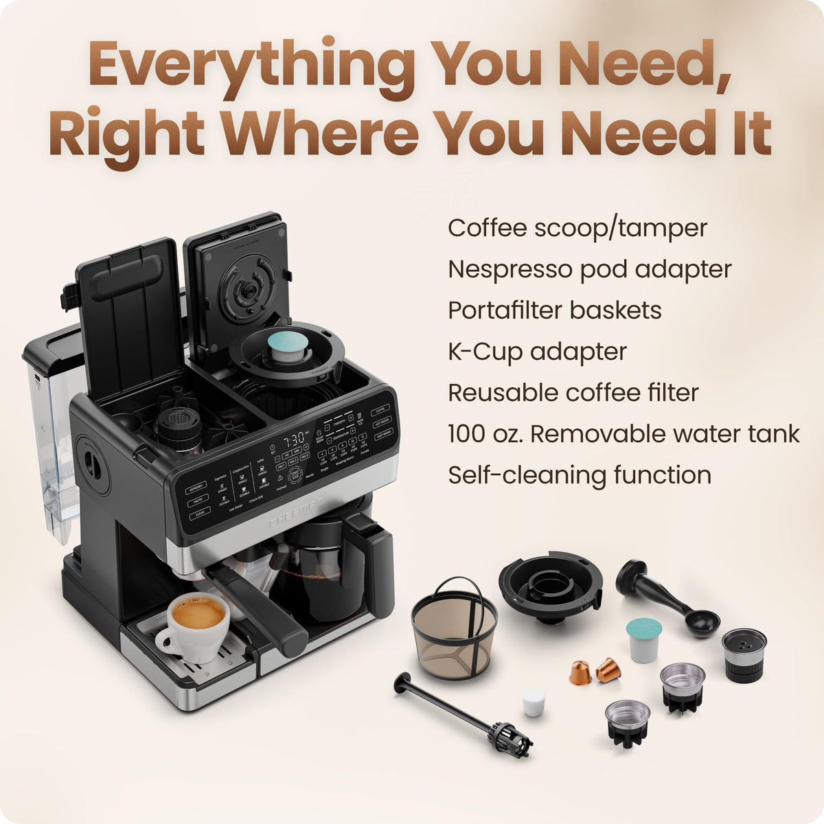8-in-1 Espresso Machine with Milk Frother, 12-Cup Carafe, Black C1284