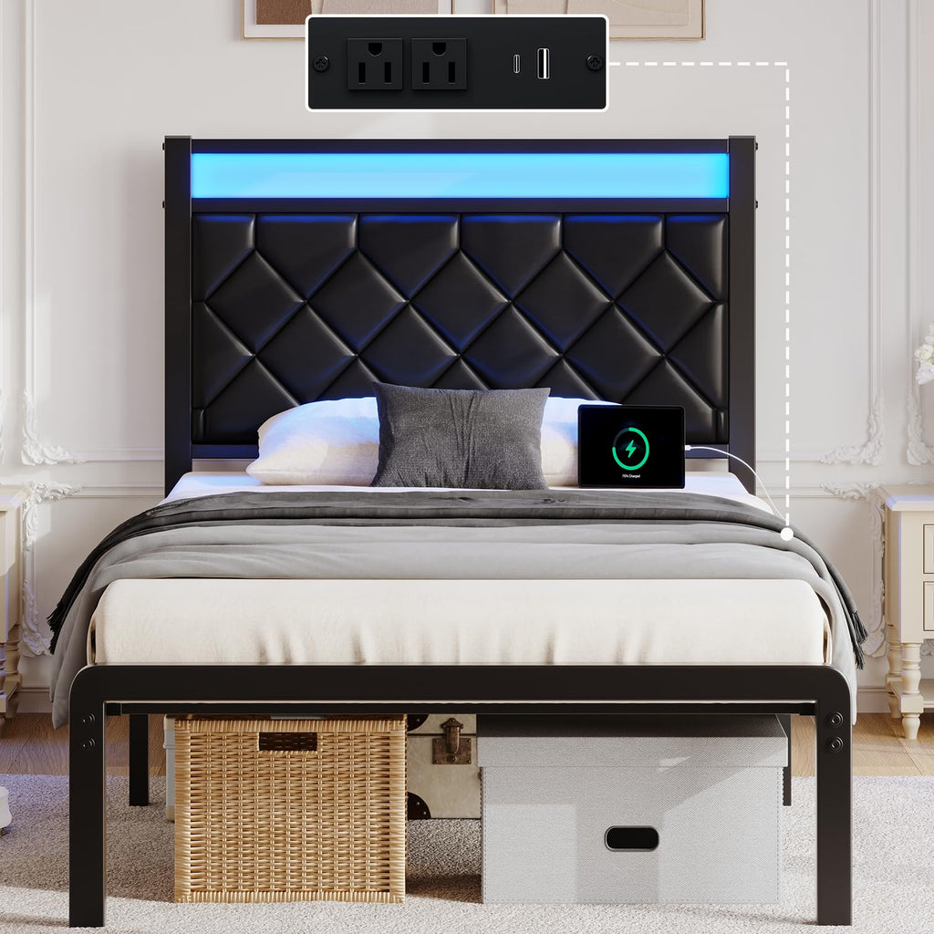 Twin Platform Bed Frame with Charging Station I125