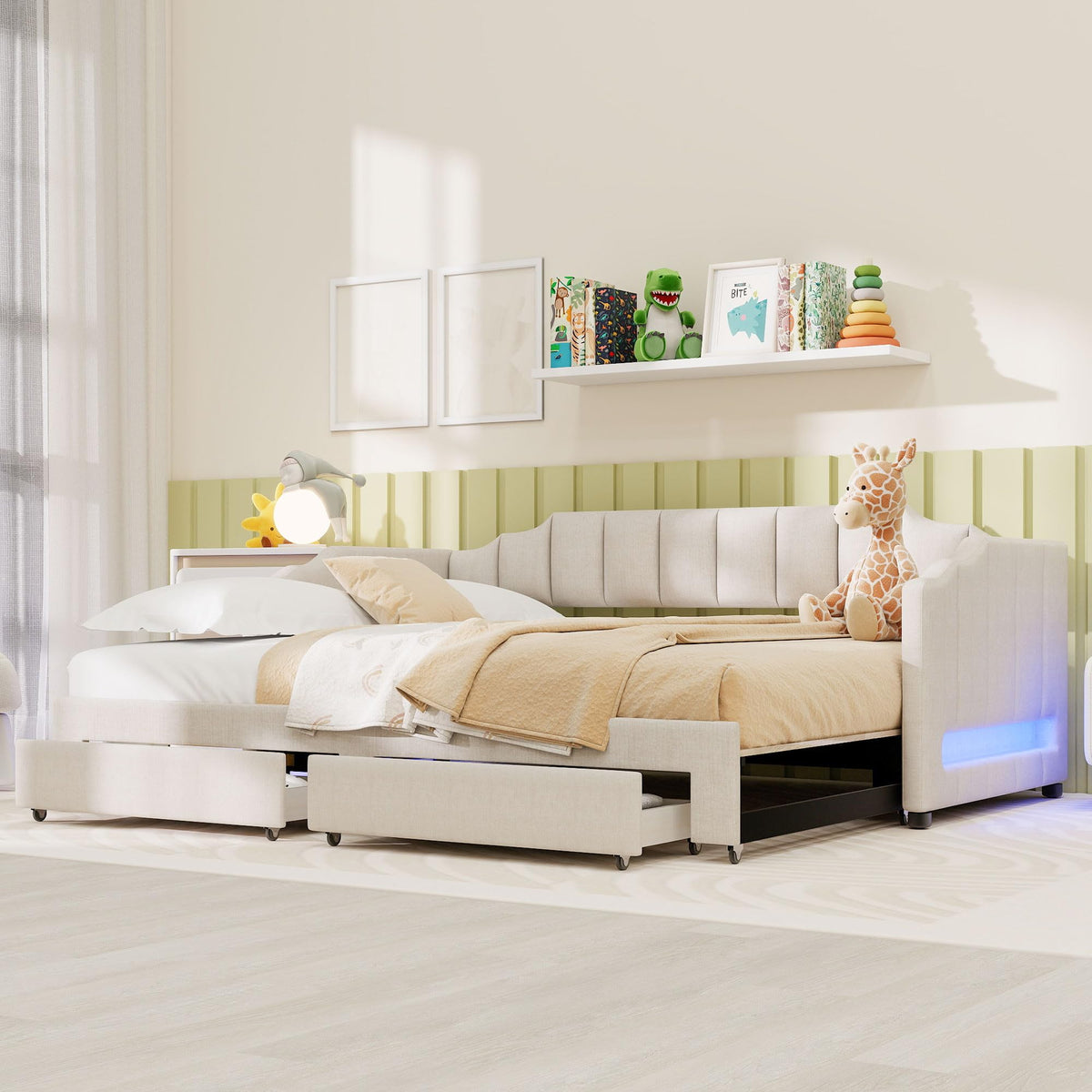 Twin XL Upholstered Daybed with Trundle and 2 Drawers W99583