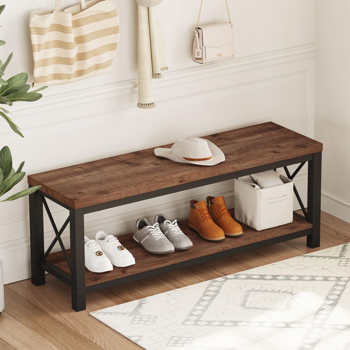 2 Tier Wood Metal Storage Bench D1601