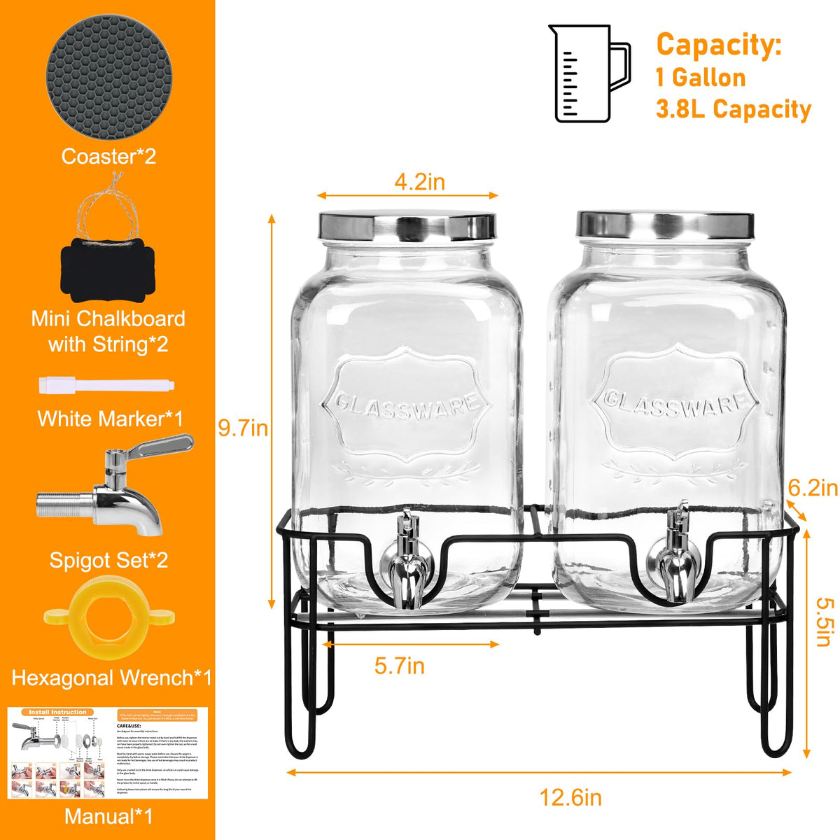 2 Pack 1 Gallon Glass Drink Dispensers with Stand & Spout X755062