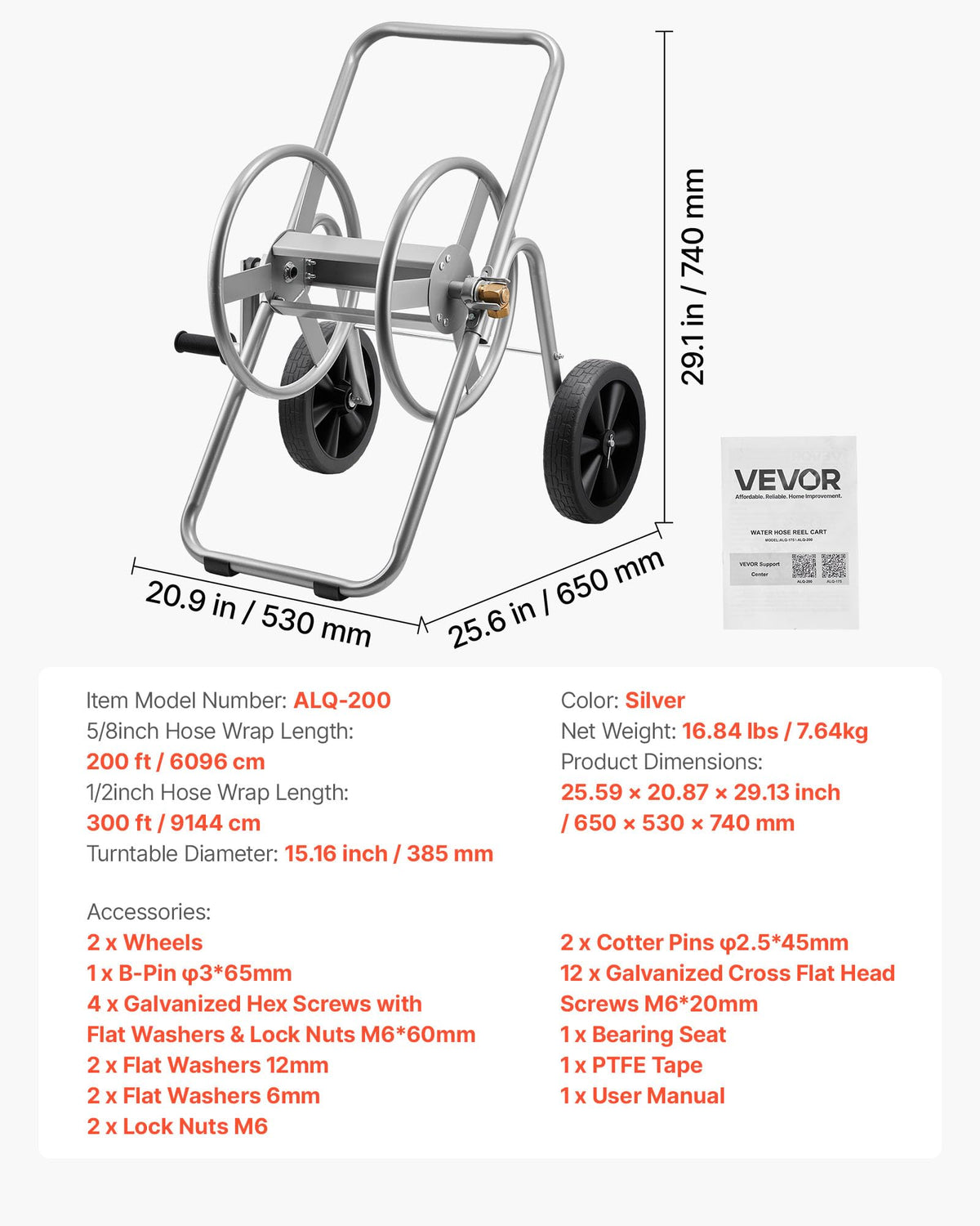 200/300 ft Garden Hose Reel Cart with Two Wheels H6680