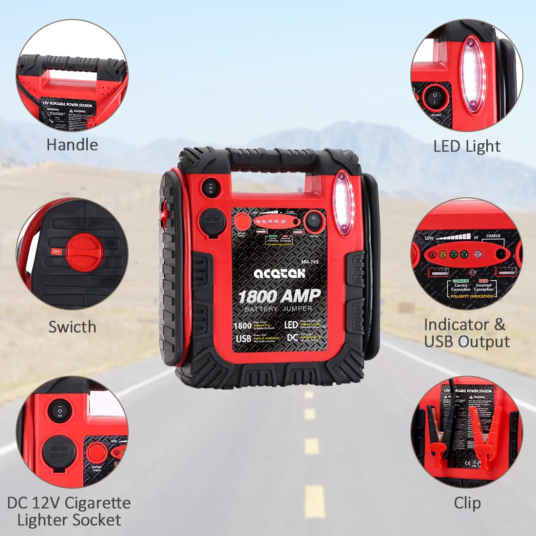 1800A Peak Car Jump Starter, 20000mAh Battery Booster, 12V Portable Power Bank with LED Light F31660