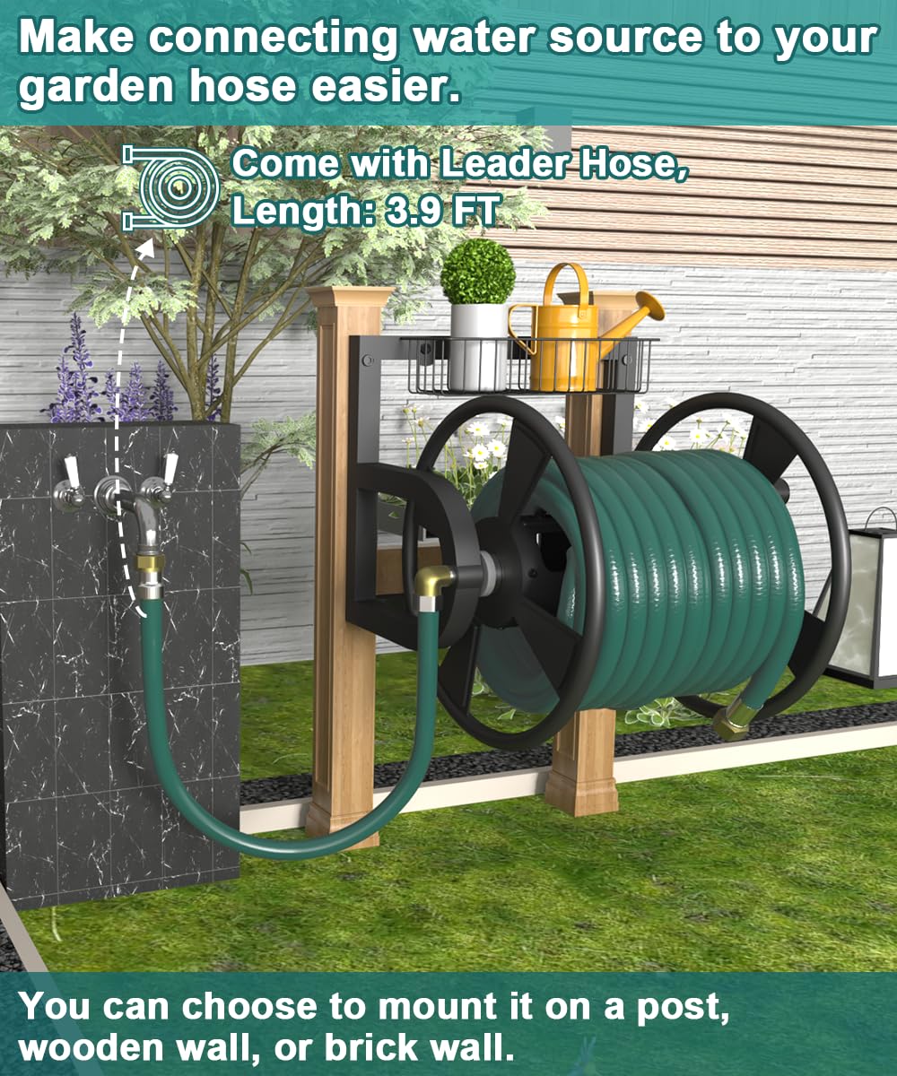 Wall Mounted Hose Reel, Holds 125 Feet of 5/8-Inch Hose, Black E626