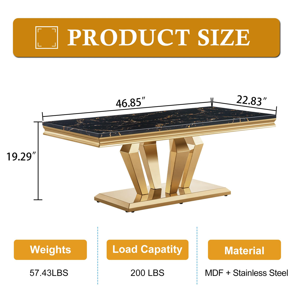 47" Faux Marble Rectangular Coffee Table with Mirrored Finish Stainless Steel Base H67669