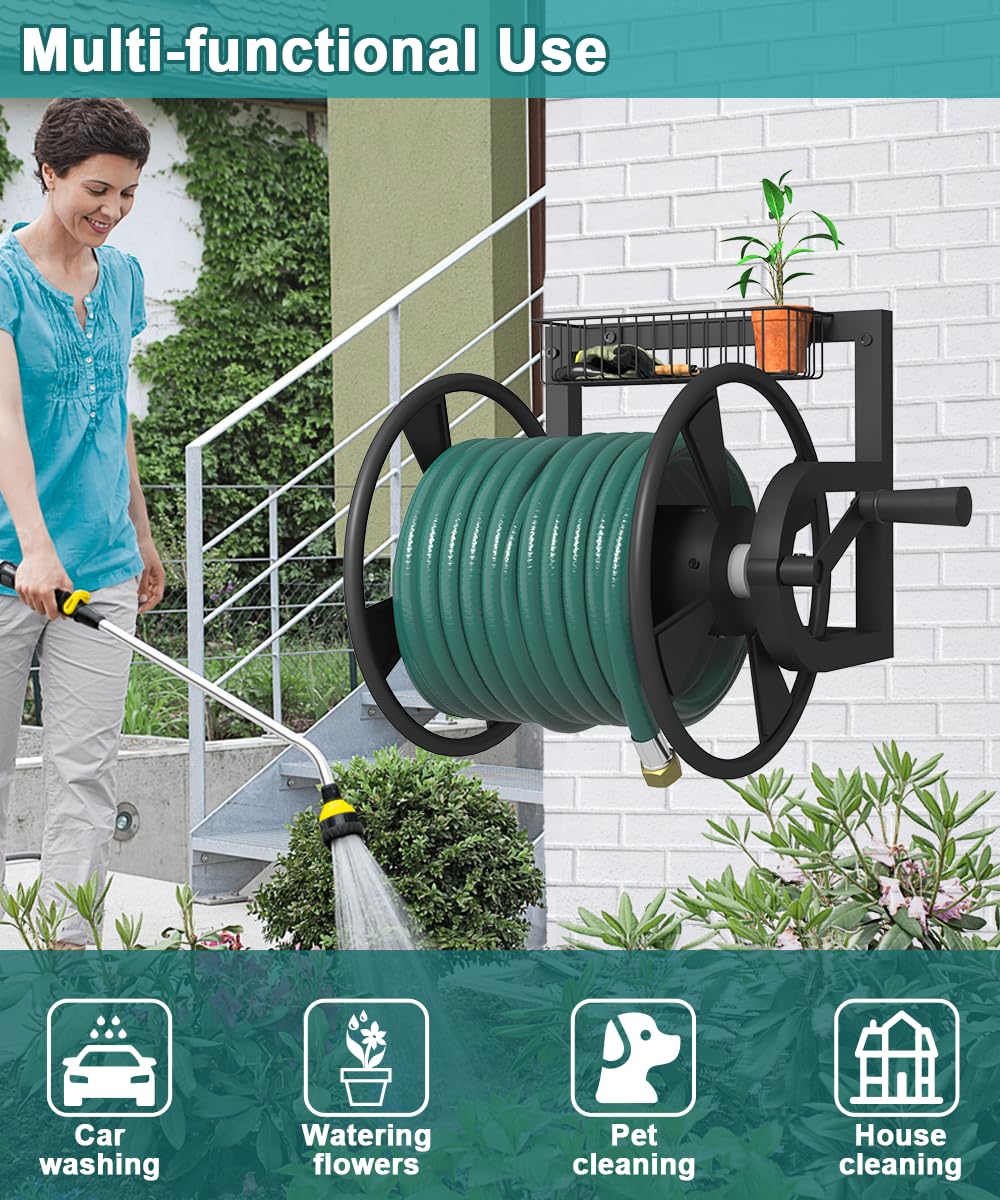 Wall Mounted Hose Reel, Holds 125 Feet of 5/8-Inch Hose, Black E626