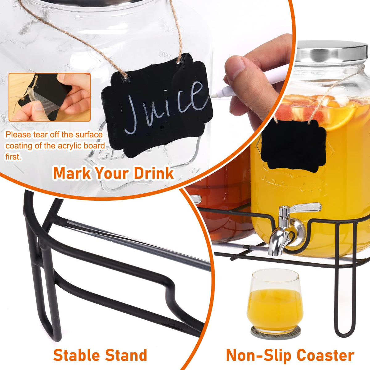 2 Pack 1 Gallon Glass Drink Dispensers with Stand & Spout X755062