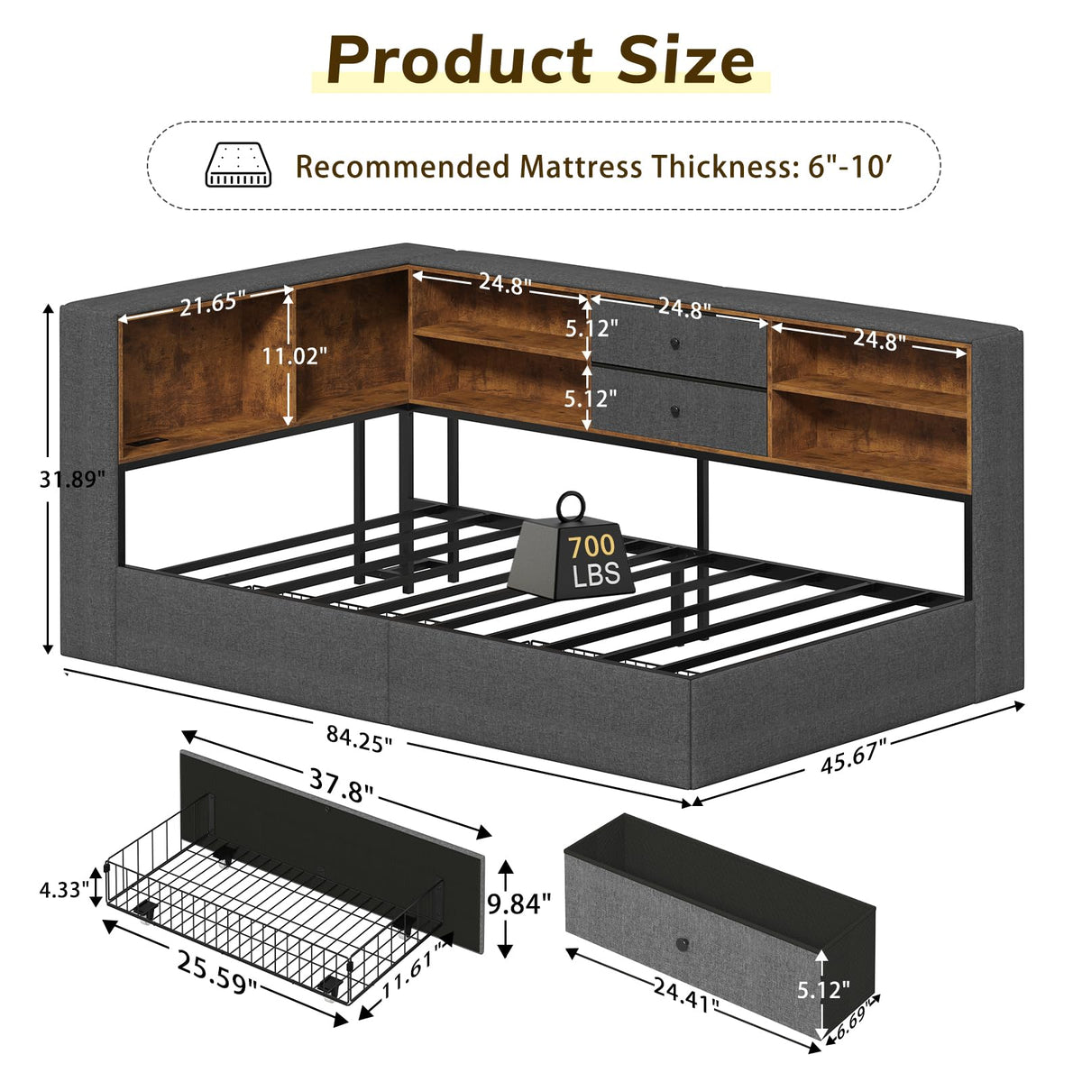 Twin Corner Bed Frame with Storage Drawers F772