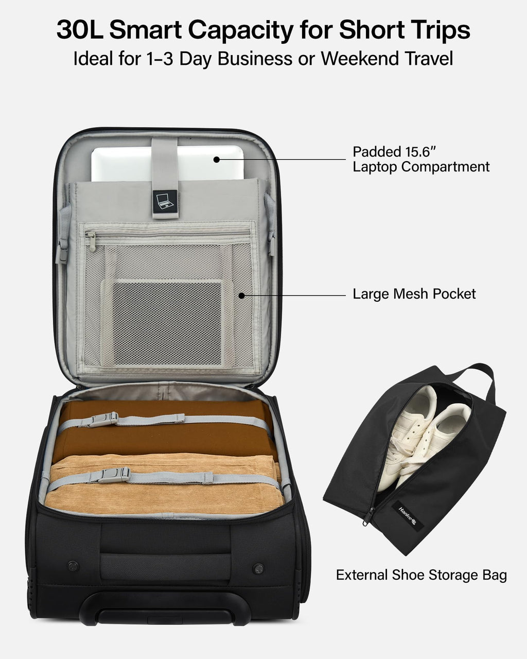 17 Inch Black Underseat Carry On Luggage with Wheels P842607