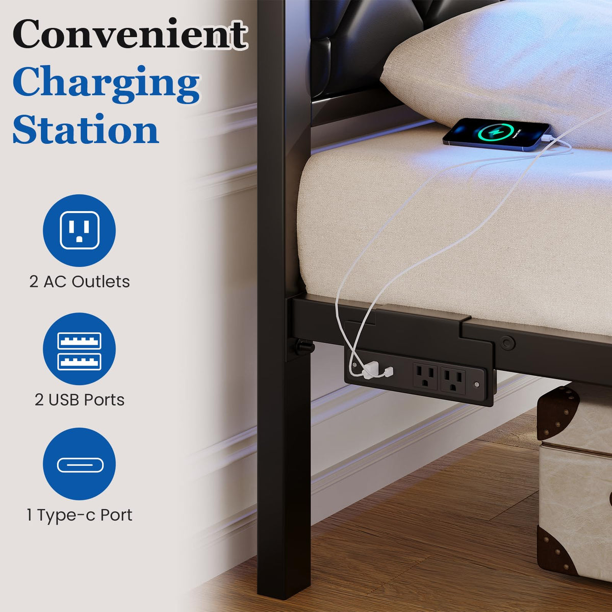 Twin Platform Bed Frame with Charging Station I125