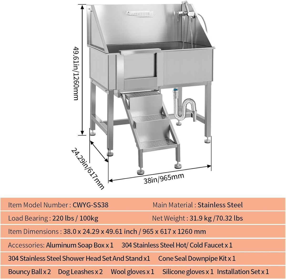 38" Stainless Steel Dog Grooming Tub with Stairs R779410