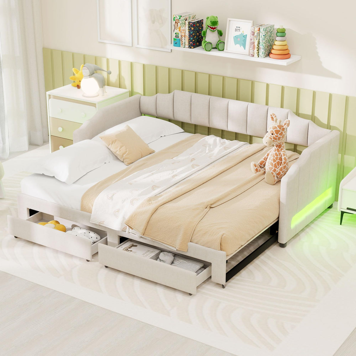 Twin XL Upholstered Daybed with Trundle and 2 Drawers W99583