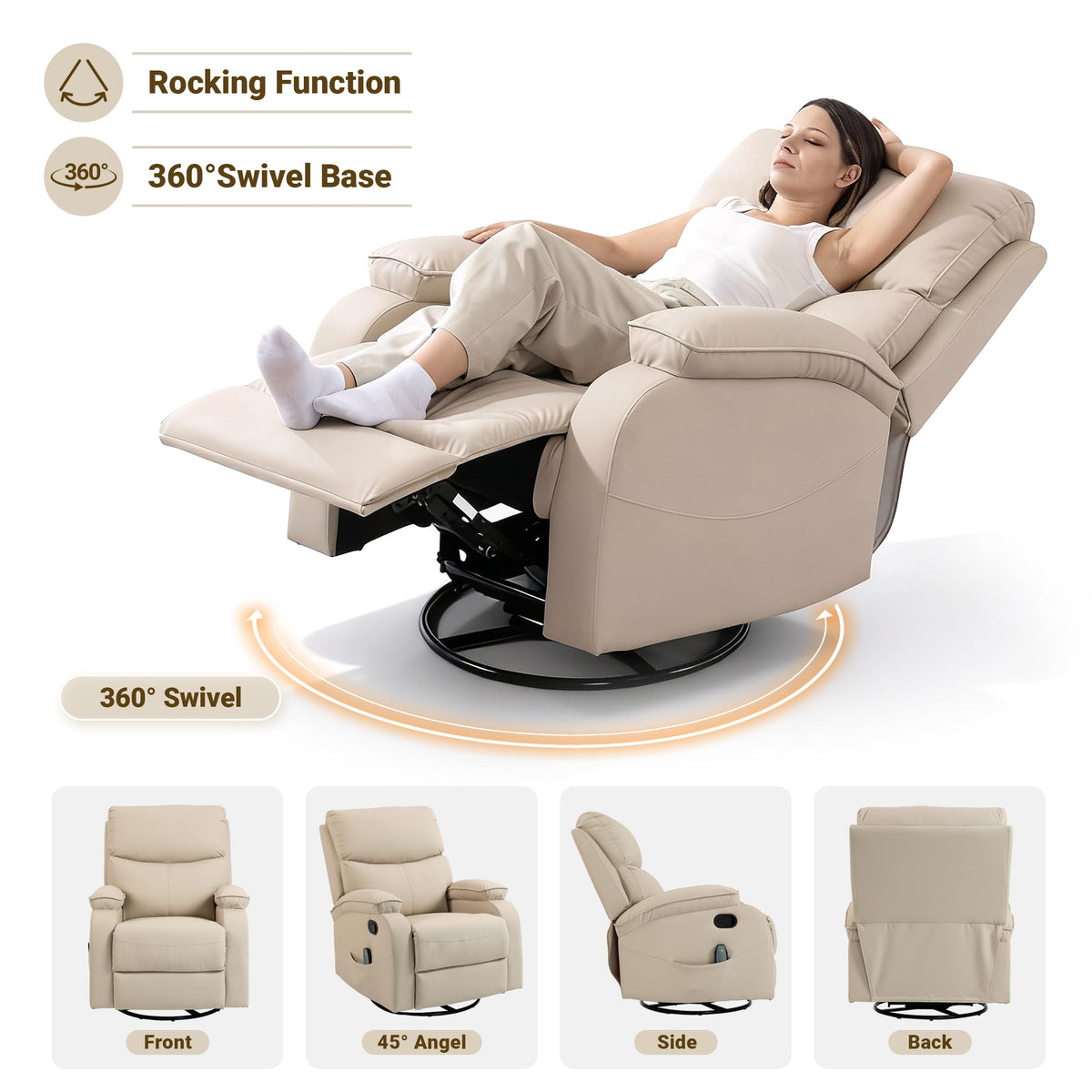 Beige Leather Swivel Rocking Recliner Chair Q370