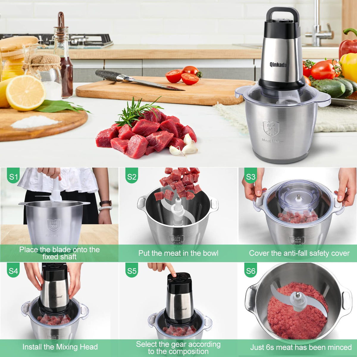 Food Processor 500W Meat Grinder 14Cup Stainless Steel Bowl A835619
