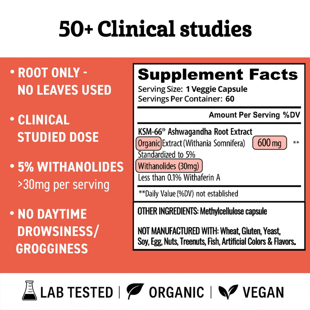 Organic Ashwagandha 600mg Root Extract Capsules U10917