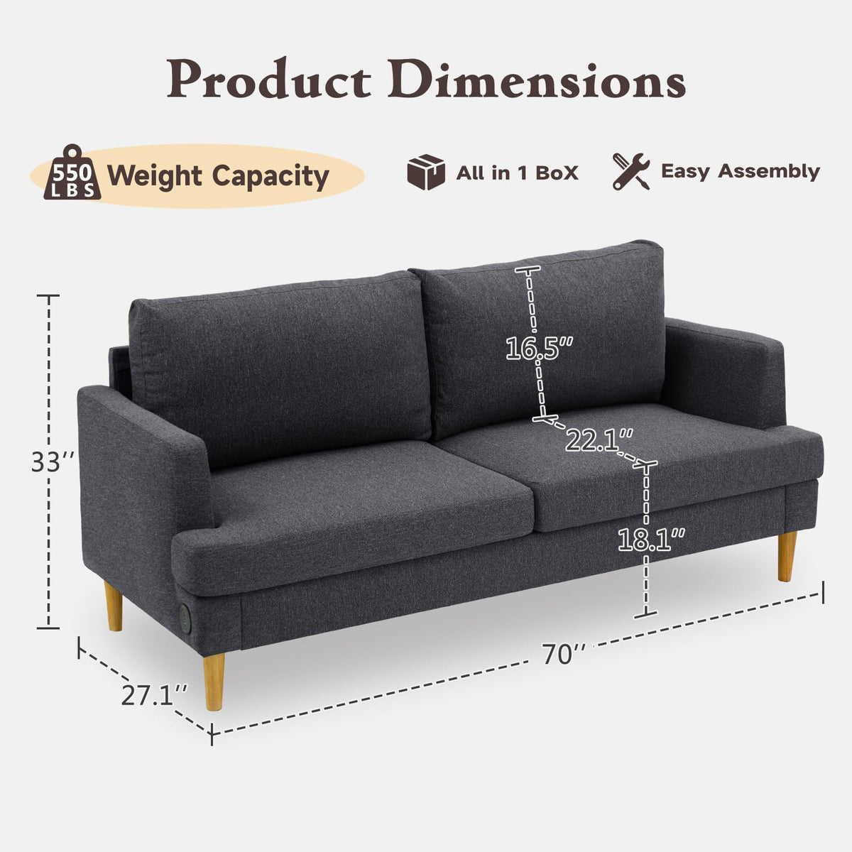 Dark Gray Upholstered 70" Loveseat Sofa Q809