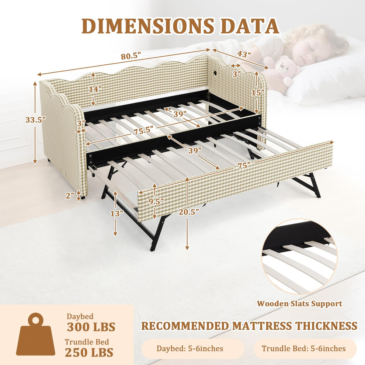 Twin Size Gingham Upholstered Daybed with Trundle and USB Ports L289872