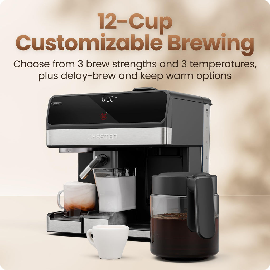 8-in-1 Espresso Machine with Milk Frother, 12-Cup Carafe, Black C1284