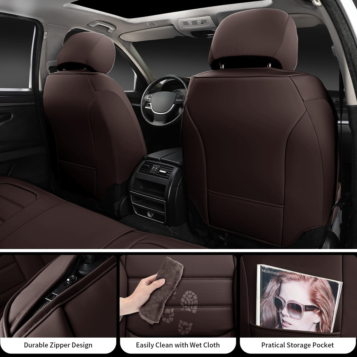 Brown Faux Leather Car Seat Covers Full Set W3535