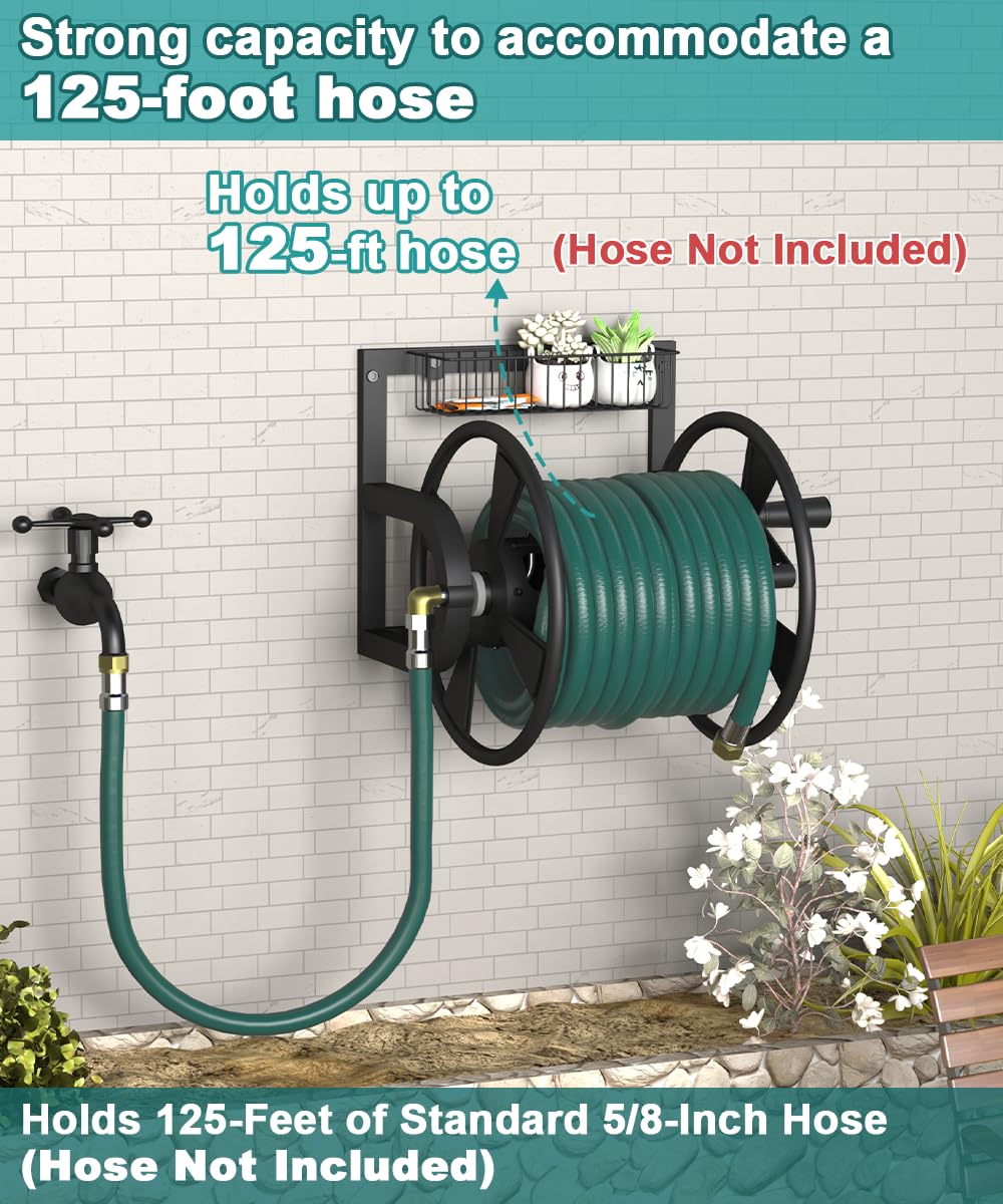 Wall Mounted Hose Reel, Holds 125 Feet of 5/8-Inch Hose, Black E626