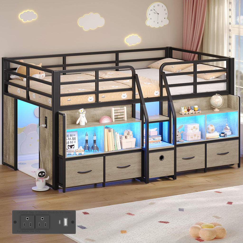 Twin Size Low Loft Bed with Storage V98066