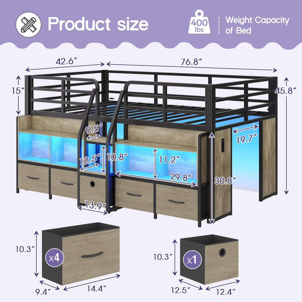 Twin Size Low Loft Bed with Storage V98066